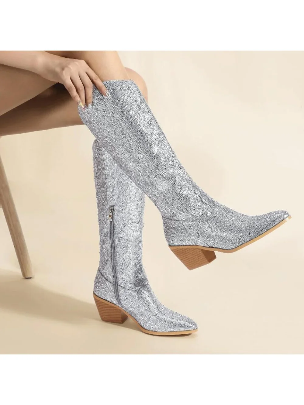Women's Silver Pointed Toe Sparkly Glitter Chunky Heel Over The Knee High Boots